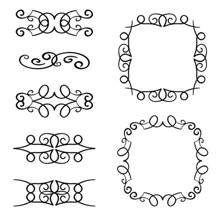 Hand drawn vector icons set on white background. Original scroll elements. Borders, frames. Vector illustration.のイラスト素材