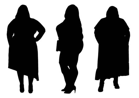 Set of silhouettes of obese women. Dumplings, women XXL size. Beautiful curvy women.のイラスト素材