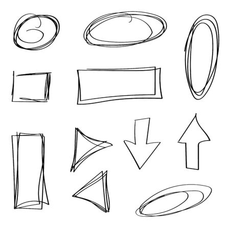 Set of vector circles, squares, rectangles, arrows. Hand-drawn collection of doodle style various shapes. Isolated on white.のイラスト素材
