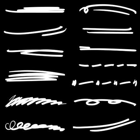 Set of handmade lines, brush lines, underlines. Hand-drawn collection of doodle style various shapes. Art Lines. Isolated on black. Vector illustrationのイラスト素材