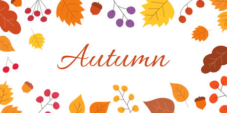 Autumn hand drawn background with tree leaves, berries. Set of simple botanical shapes are Isolated and hidden under a clipping mask. Text can be changed.Vector illustration.のイラスト素材