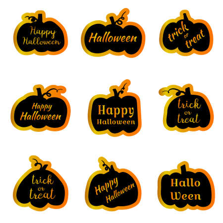 Set of Halloween stickers. Dark collection of labels with inscriptions. Cute holiday symbols. Happy Halloween, truck o treat. Isolated. Vector illustrationのイラスト素材