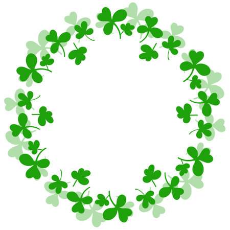 Round frame with clover leaves.Magical plant. Decoration for St. Patrick's Day with trefoils and quatrefoils. Shamrock. Irish story. Isolated on white. Vector illustration.のイラスト素材