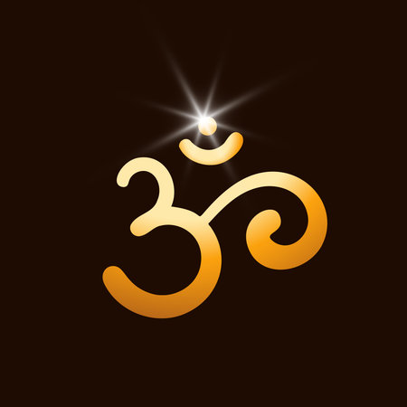 Om, Aum, sacred sound, primordial mantra, word of power, pictogram, symbol of divine triad of Brahma, Vishnu and Shiva.Hand-drawn golden sign of yoga, meditation, sacredness, spirituality.のイラスト素材