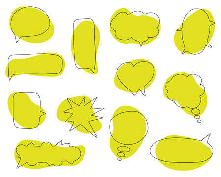 Set of colorful speech bubbles. Hand-drawn elements. Social chat symbols. Collection of text boxes of different shapes. Dialogue banners for networks story and posts.Isolated. Vector illustrationのイラスト素材