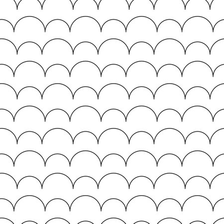 Simple seamless black and white pattern with fish scales. Endless background with stripes-waves. Backdrop created from semicircles, wallpaper for your design.Vector illustration.のイラスト素材