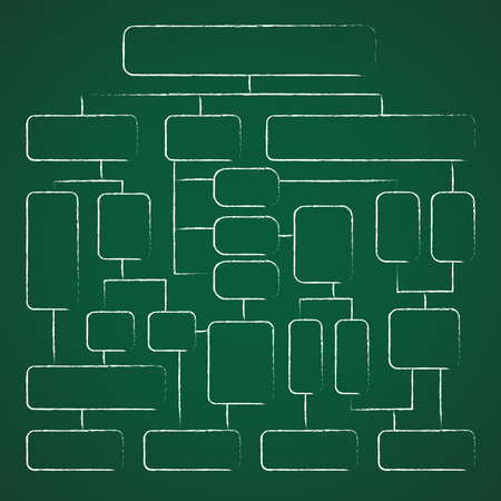 Flowchart with geometrical elements, infographics written in chalk on board. Step-by-step structure for solving logical business problems. Strategy concept, block diagram, presentation template.のイラスト素材