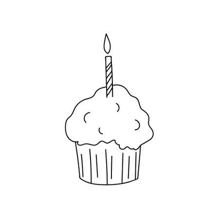 Hand-drawn cupcake topped with a candle. Doodle drawing style, minimalism, sketch. Isolated.Holiday vector illustrationのイラスト素材