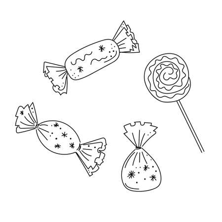 Set of hand-drawn candies and sweets. Doodle drawing style, minimalism, sketch. Isolated.Holiday vector illustrationのイラスト素材