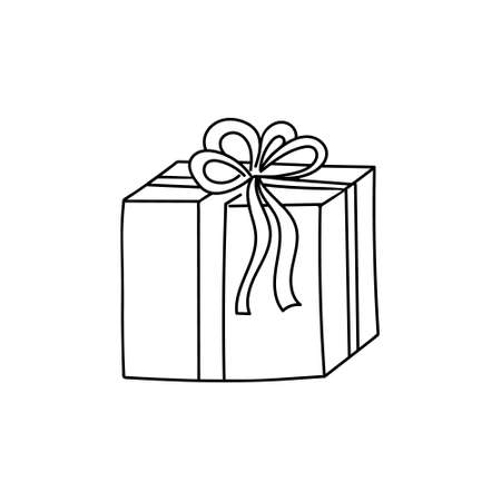 Hand drawn gift decorated with ribbon and bow. Doodle drawing style, minimalism, sketch. Isolated.Holiday vector illustrationのイラスト素材