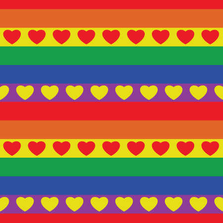 Seamless patern with LGBT symbology. Striped multicolored backdrop, flag with hearts.Simple endless...