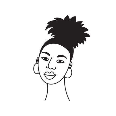 African american woman face, hand drawn logo of negroid race woman with curly hair.Social media avatar, simple icon.Doodle style, minimalism.Isolated.Vector Illustrationのイラスト素材