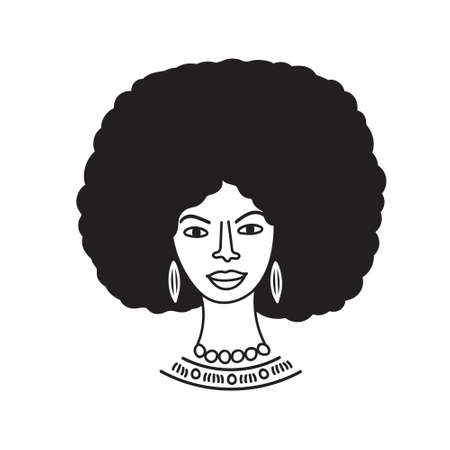 African american woman face, hand drawn  woman with curly hair.Social media avatar, simple icon.のイラスト素材