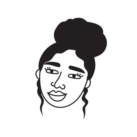 African american woman face, hand drawn logo of negroid race woman with curly hair.Social media avatar, simple icon.Doodle style, minimalism.Isolated.Vector Illustrationのイラスト素材