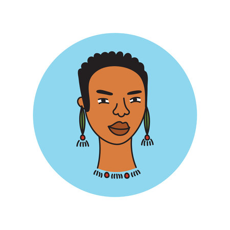 African american woman face, hand drawn logo of negroid race woman with curly hair.Social media...