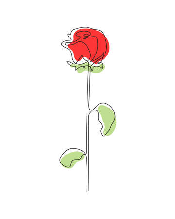 Hand drawn rose, one-line art, stylized flower outline with colored spots.Doodle, sketch style, minimalism.Isolated. Vector illustrationのイラスト素材