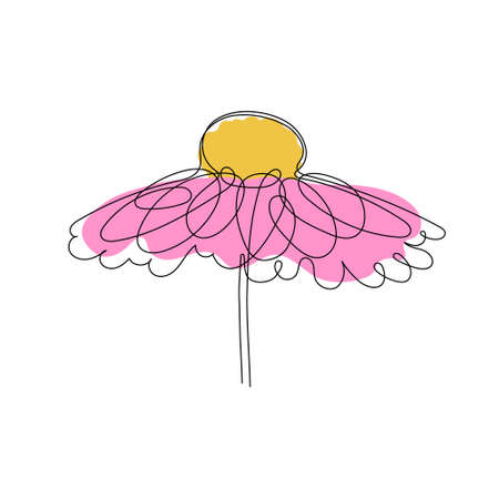 Hand drawn chamomile flower, one-line art, stylized daisy continuous outline with colored spots.Doodle, sketch style, minimalism.Isolated.Vector illustrationのイラスト素材