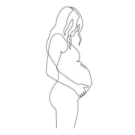 Hand drawn pregnant young woman, one line, stylized continuous contour.Lady expecting child, picture of future mother and baby in belly.Motherhood concept.Doodle, sketch, minimalism.Isolatedのイラスト素材