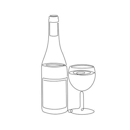 Hand drawn logo of wine bottle and glass, one line art, stylized continuous contour. Doodle, sketch style. Isolated.Vector illustrationのイラスト素材