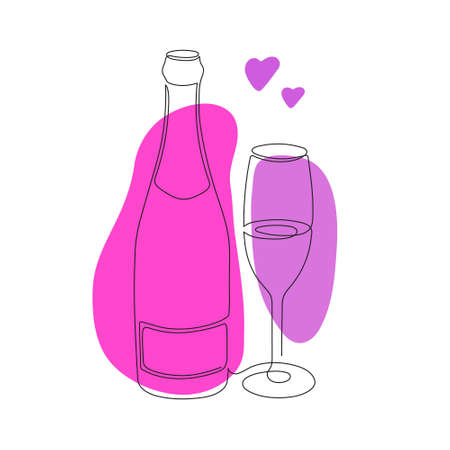 Hand drawn logo bottle of champagne and glass, one line art, stylized continuous contour with colored abstract spots. Doodle, sketch style. Isolated.Vector illustrationのイラスト素材