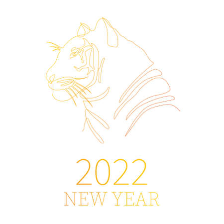Poster for 2022 with hand drawn tiger icon, one line art, stylized continuous outline.Feline predator head logo, Chinese horoscope symbol of year.Doodle, sketch style.Isolated.Vector illustrationのイラスト素材