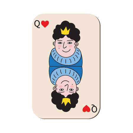 Queen, lady of hearts, playing card, hand drawn in doodle style. Woman with crown, stylization for gambling.Flat, cartoon.Isolated. Vector illustration.のイラスト素材