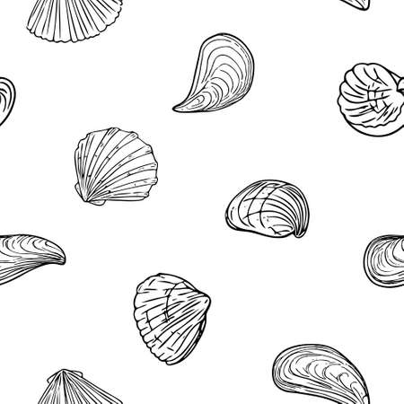 Pattern with seashells, doodle hand-drawn sea symbols.Seamless wallpaper. Fossils painted by ink, pen. Line, minimalism.Simple sketchy backdrop. Isolated. Vector illustration.のイラスト素材