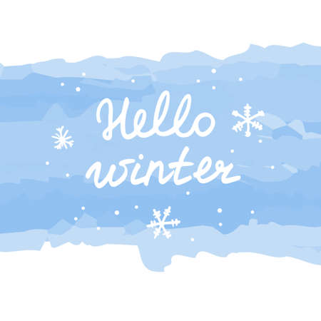 Hello winter lettering on blue watercolor background with hand-drawn snowflakes.Calligraphic design element for templates, cards, prints, banners, ect. Isolated.Vector illustrationのイラスト素材