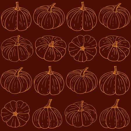 Pumpkins seamless pattern,Halloween wallpaper.Hand-drawn Thanksgiving gourds endless background with vegetarian food,proper nutrition,healthy diet.Line art.Vector illustrationのイラスト素材