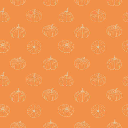 Pumpkins seamless pattern, Halloween wallpaper.Hand-drawn Thanksgiving gourds endless background with vegetarian food, proper nutrition, healthy diet.Line art.Vector illustrationのイラスト素材