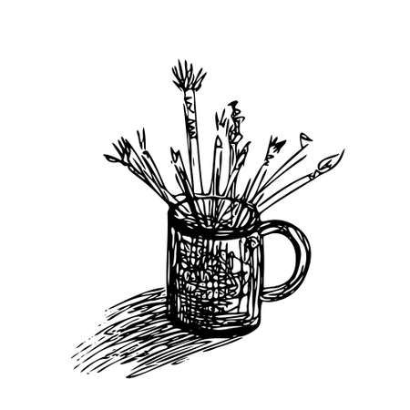 Hand-drawn sketch of a mug with paint brushes. Linear art, fast sloppy drawing. Isolated. Vectorのイラスト素材