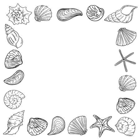 Doodle frame with starfish and seashells, hand-drawn sea symbols. Fossils painted by ink, pen.Line, minimalism.Simple sketchy template. Isolated. Vectorのイラスト素材