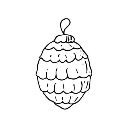 Doodle Christmas ball, hand drawn decoration, New Year toy, festive element.Use for holiday cards, coloring book, posters, banners, calendars, print.Outline drawing picture. Isolated Vectorのイラスト素材