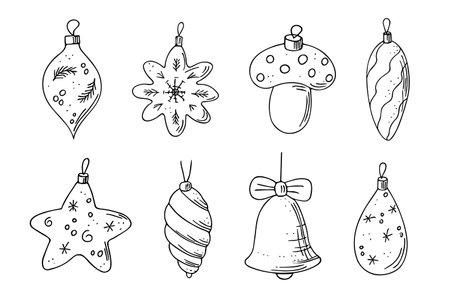Christmas balls set, hand drawn doodle decorations, New Year toys, festive elements.Use for holiday cards, coloring book, posters, banners, calendars, print.のイラスト素材
