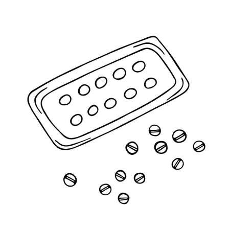 Tablets set. Medical hand-drawn doodle illustration. Health care, therapy, treatment concept. Isolated.のイラスト素材