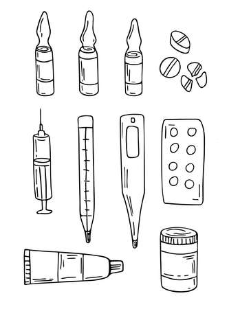 Tablets, syringe, ointment, capsule container and ampoule set. Medical hand-drawn doodle illustration. Health care, therapy, treatment concept. Isolatedのイラスト素材