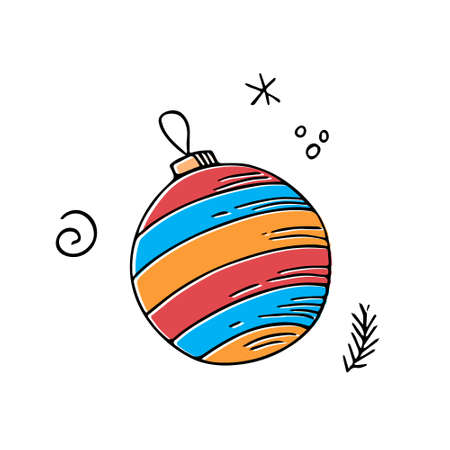 Doodle Christmas ball, hand drawn colored decoration, New Year toy, festive element.Use for holiday cards, posters, banners, calendars, print.Outline drawing picture.Isolated.Vectorのイラスト素材