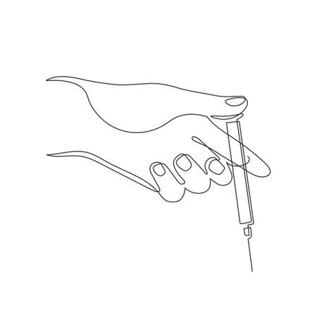 Hand holding syringe, one line art, continuous contour, hand drawn.  vaccination, health care injection, treatment, preventive measures.Medical concept, injection dose.Editable stroke.Vectorのイラスト素材