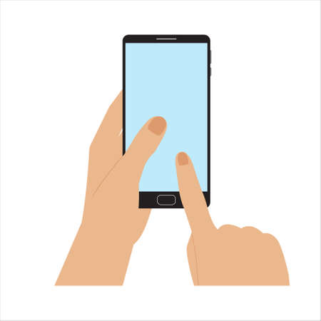 Hands holding smartphone, flat style, catroon.Mobile device with blank screen.Flat style, minimalist design.Space for your picture or text.Template, mock-up.Isolated.Vectorのイラスト素材