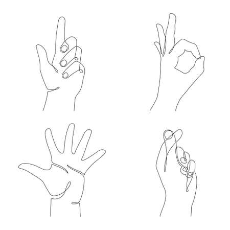 Hand gesture set, one line art, continuous contour drawing, hand-drawn.Five fingers, diraction, flick, ok sign.Palm and wrist, sign translation. Editable stroke.Isolated.Vector illustrationのイラスト素材