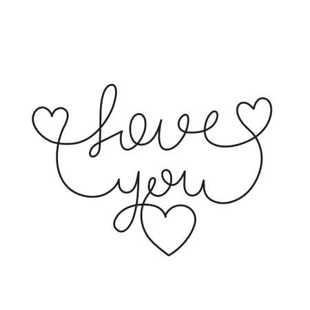 Love you lettering,one-line art calligraphy,hand drawn continuous contour.Romantic inscription, decoration for love relationships, feelings postcards.Editable stroke.のイラスト素材