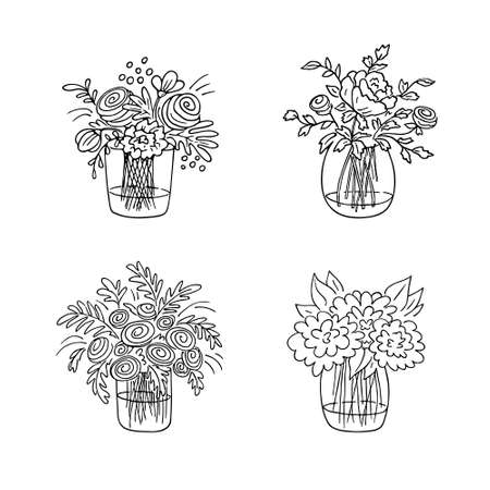 Doodle bouquets set,hand drawn flowers.Floral sketch, drawing, still life.Romantic bunches,gift to holiday.Botanical illustration.Isolated.Vector illustrationのイラスト素材