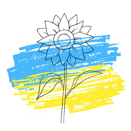hand-drawn sunflower. Sketch with Ukraine flag colors. Blue-yellow sign of independence. Simple botanical line, floral drawing, minimalism. Doodle style.のイラスト素材