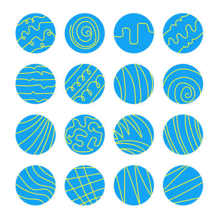 Blue-yellow highlights for social media. Trendy minimalistic round icons with abstract lines. Covers for networks stories. Hand drawn templates, banners. Use for posts and blogging.のイラスト素材