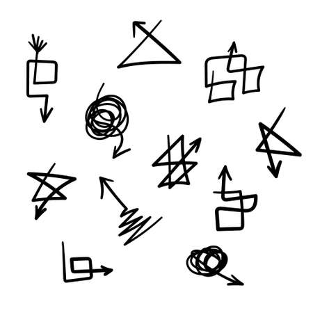 Arrow set. Hand drawn doodle elements. Direction indicators, pointers, simple icons elements. free hand sketch style. Isolated.Vectorのイラスト素材