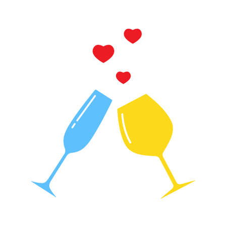 Glasses of wine are clinking. Festive blue and yellow icon, colors of Ukraine flag. Alcohol toast for victory in war 2022. Minimalism.Isolated. vectorのイラスト素材