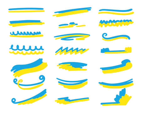 Marker underlines set Ukraine flag colors. National patriotic sign, symbol of victory over Russia in war 2022. Minimalism. isolated. vectorのイラスト素材