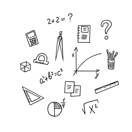 Back to school concept doodle,hand drawn notebook,math formulas,compass,rulers,protractor,graph.Education and learning sketch,freehand minimalistic design,child drawing. Isolatedのイラスト素材