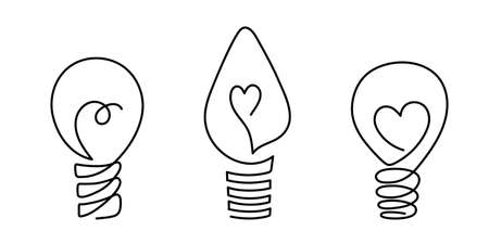 Light bulbs,one line art,hand drawn continuous contour.Sketch electric devices,idea concept.Sign of scientific discovery,insight.Decoration for banners,stories,posters.Editable stroke.Isolatedのイラスト素材