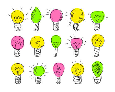 Doodle lightbulbs,hand drawn electric devices set,idea concept.Sign of scientific discovery,insight.Sketch,freehand minimalistic design.Isolated.Vectorのイラスト素材